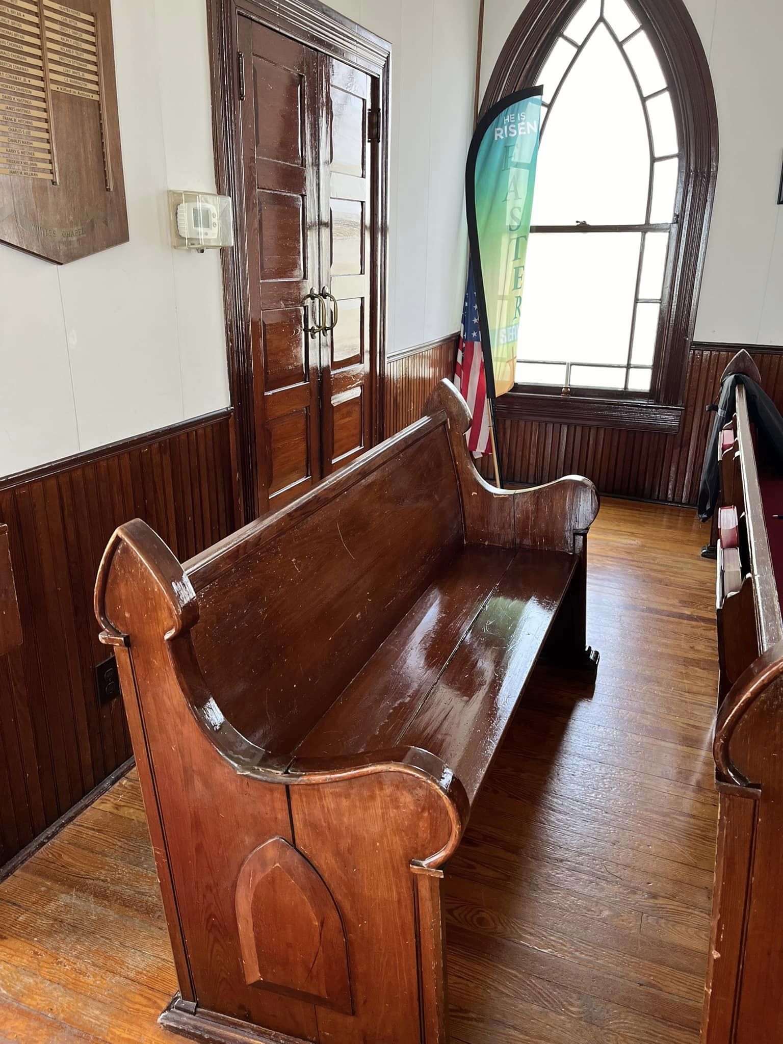 Back pew cut to accommodate new sound system